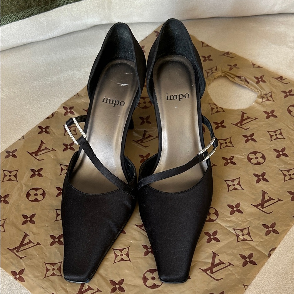 Impo Black Satin Heels with Rhinestone Strap